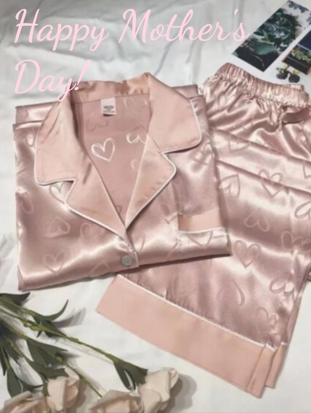 NEW Women's Pink Satiny White Hearts Pajama Set Long Sleeve Top Cuffed Pants MED